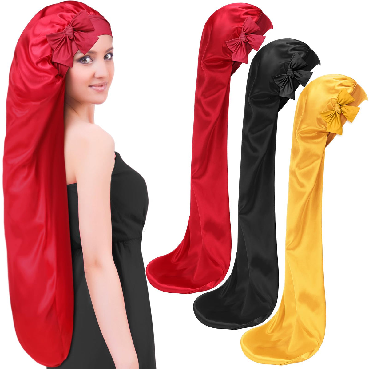 Geyoga extra long satin braid bonnet black closeup showing smooth fabric and coverage