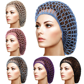 Geyoga hairnet snood in black worn on head to keep hair tidy overnight.