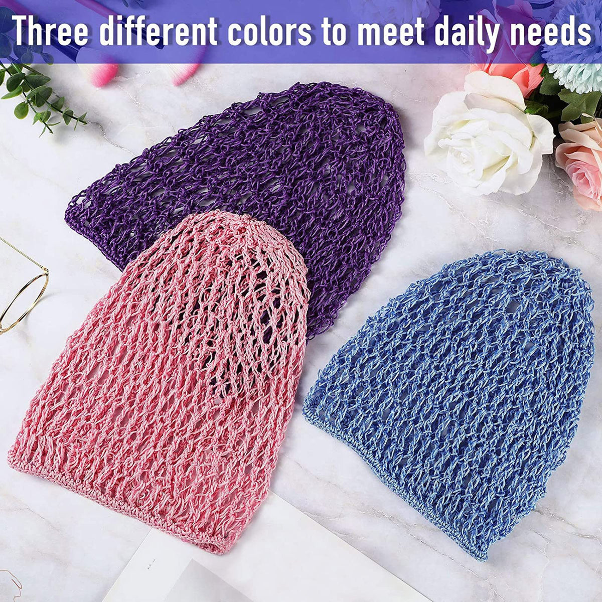 Geyoga crochet-knit hairnet highlights soft rayon material and stretch.