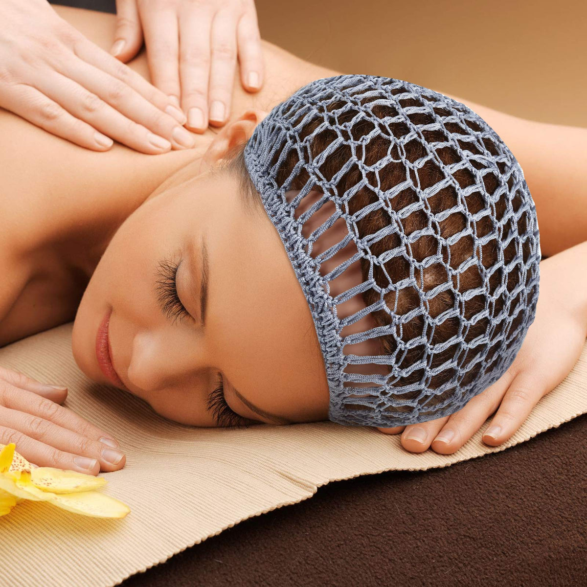 Geyoga pink hairnet snood worn for easy sleeping and hair protection.