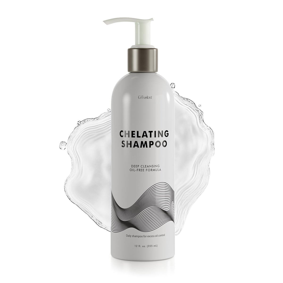 G-Fusion Chelating Shampoo bottle pouring for deep cleanse and fresh volume.