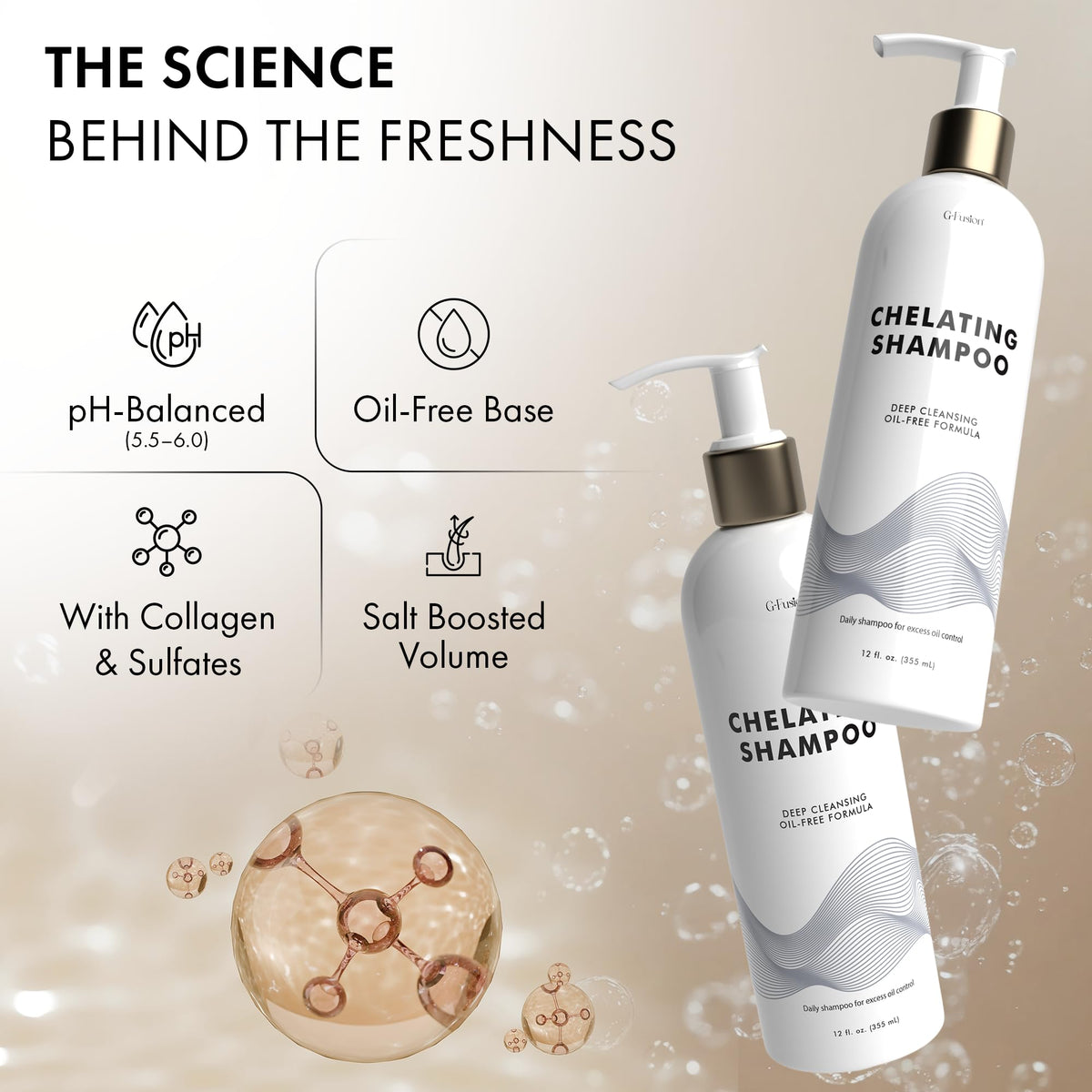G-Fusion Chelating Shampoo green tea scent enhances refreshing shower.