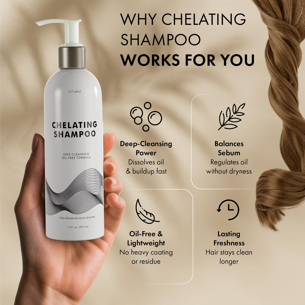 G-Fusion Chelating Shampoo removes mineral buildup for clarified strands.