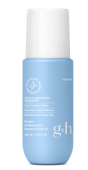 G&H Protect + deodorant roll-on applied to skin for comfortable, dry underarm feel all day.