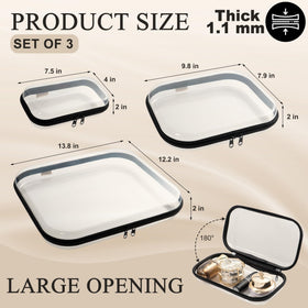 Gharges clear hard-shell medium case displayed with skincare and stationery organization.