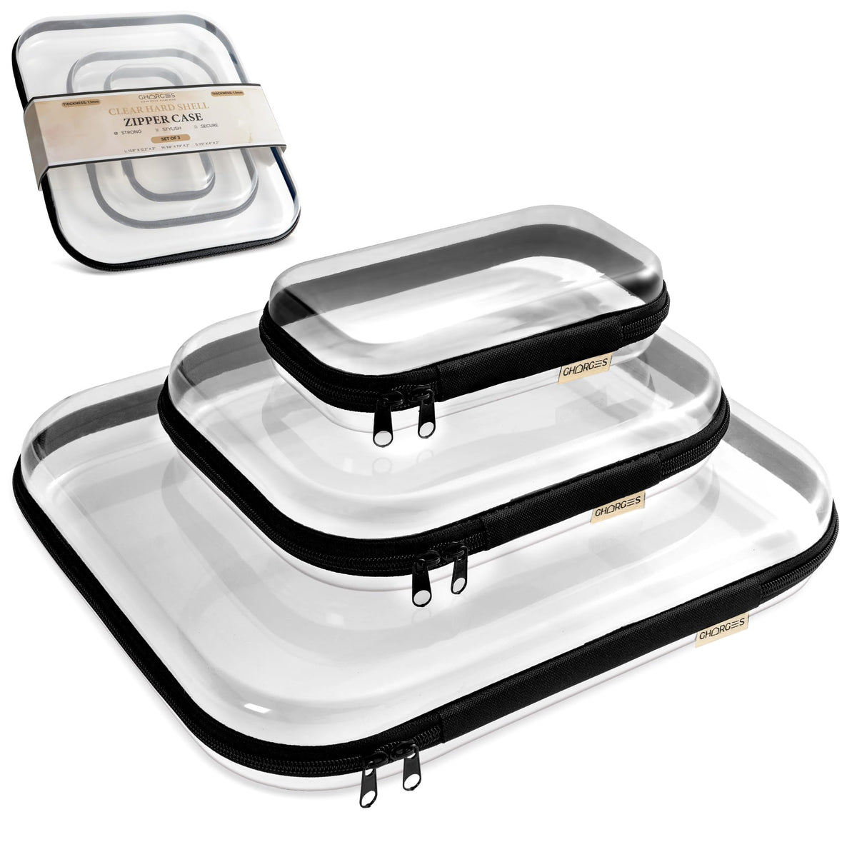 Gharges clear hard-shell small case shown for precise makeup storage and quick access.