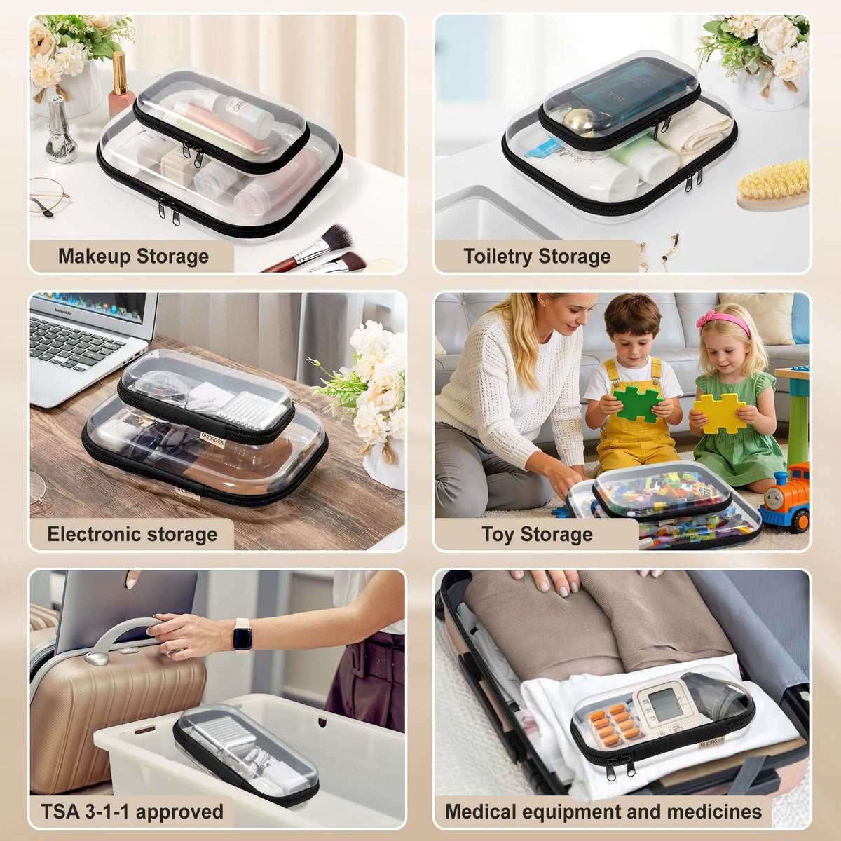 Gharges transparent case used as a diaper bag insert for quick access to essentials.