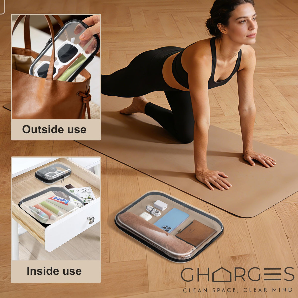 Gharges stackable storage case fits in drawers or suitcases for clutter-free storage.