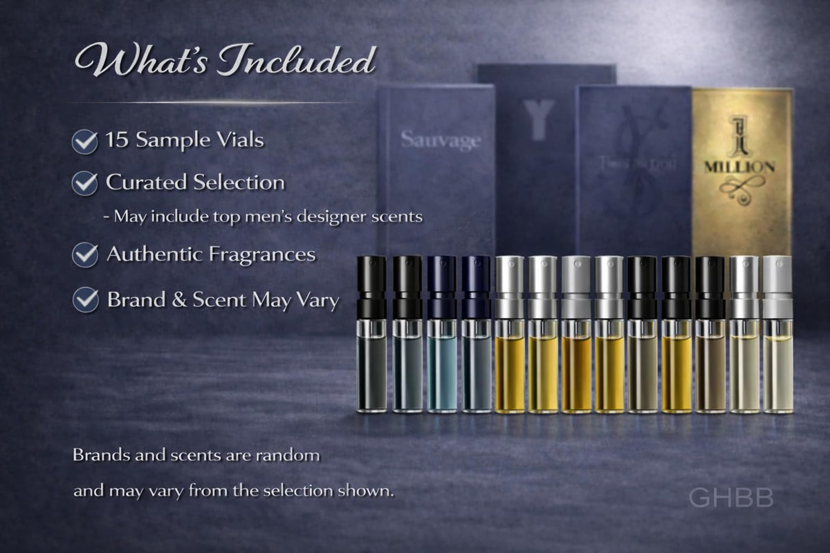 GHBB designer fragrance samples box laid out for quick sampling.