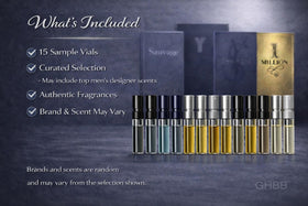 GHBB designer fragrance samples box laid out for quick sampling.