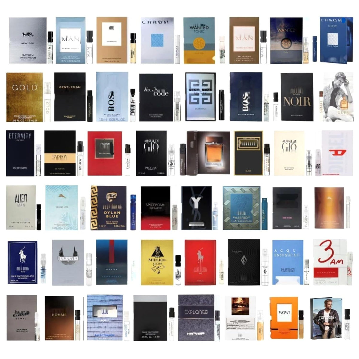 GHBB men's cologne sampler: fifteen vials displayed for easy comparison.