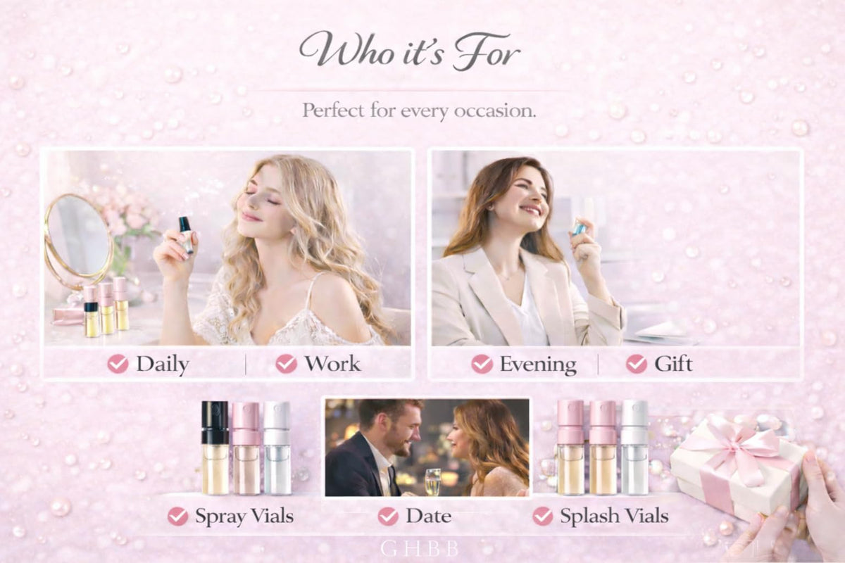 GHBB compact vial set enables scent testing before full bottle purchase.