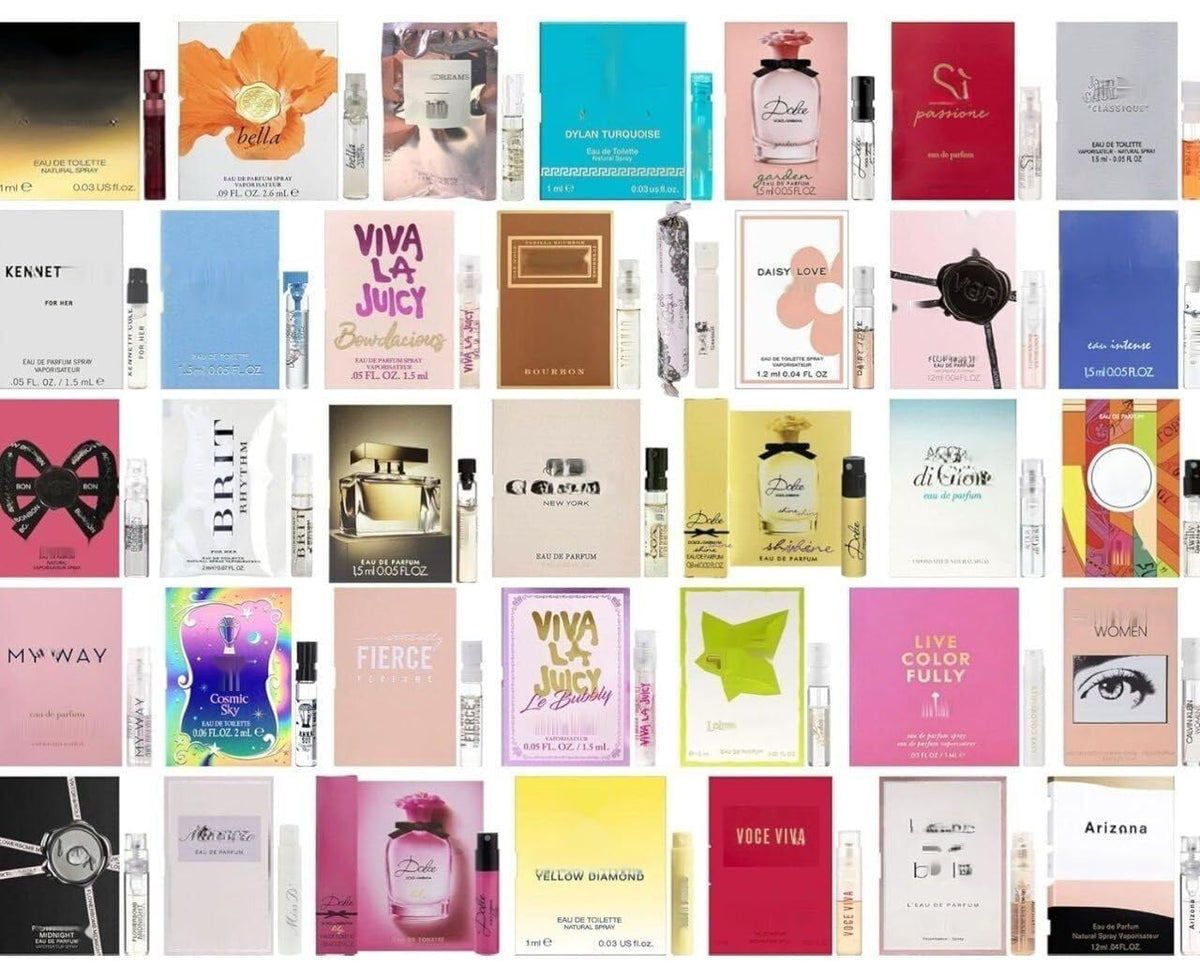 GHBB perfume sampler set packaging with nine mini vials for travel convenience.