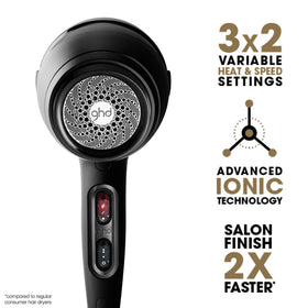 ghd Air Hair Dryer showcasing ionic technology for frizz control and shine.