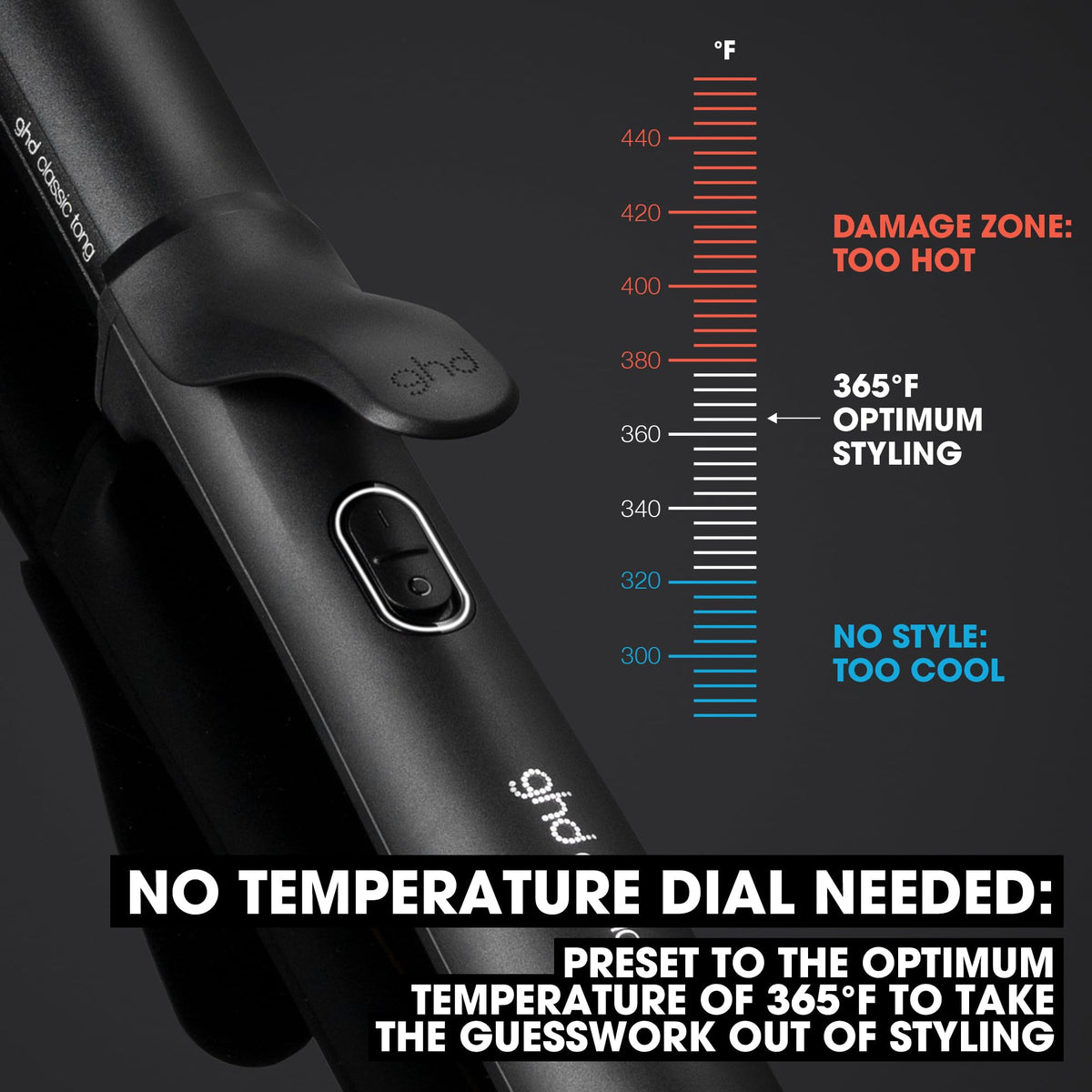 GHD Chronos Curve delivers 365°F heat for even curling and lasting shape.