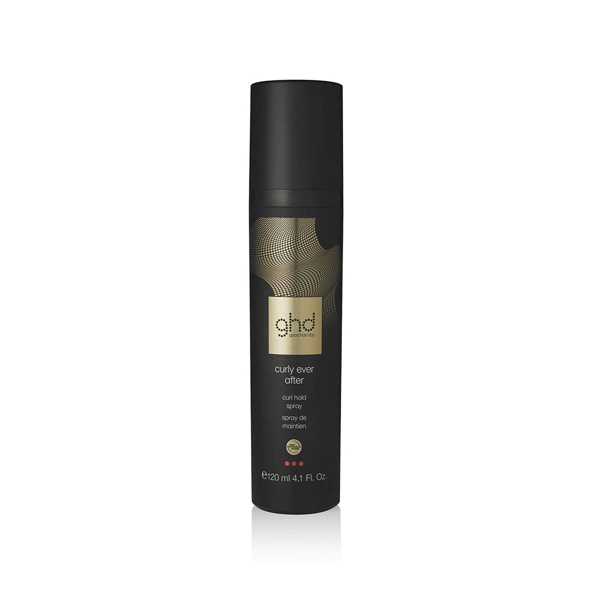 ghd Curly Ever After Curl Hold Spray bottle showing lightweight heat protection for defined curls.