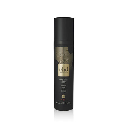 ghd Curly Ever After Curl Hold Spray bottle showing lightweight heat protection for defined curls.