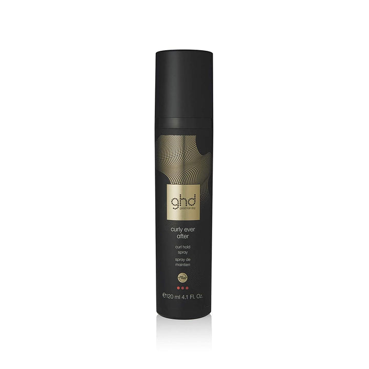 ghd Curly Ever After Curl Hold Spray bottle showing lightweight heat protection for defined curls.