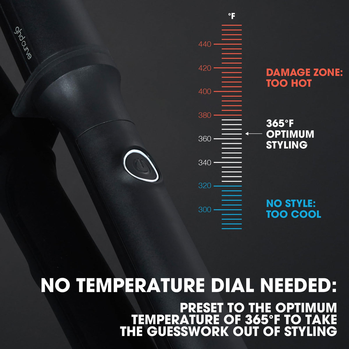 ghd Curve Creative Curl Wand heat technology ensures consistent styling at 365°F