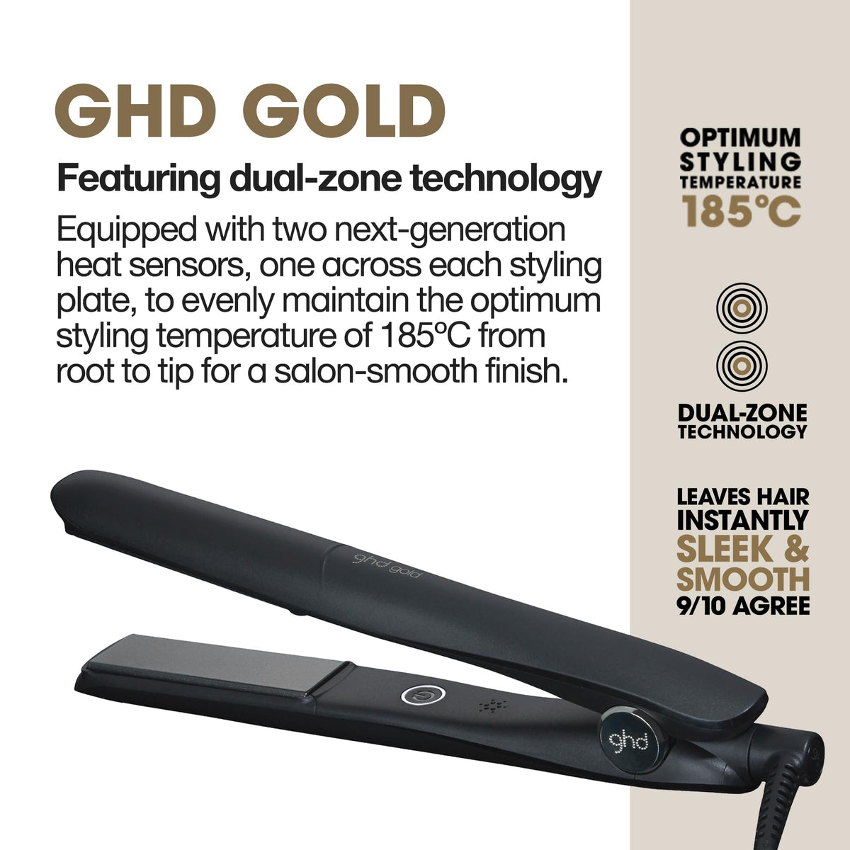 ghd Gold Styler dual-zone technology ensures consistent heat across plates.
