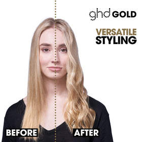 ghd Gold Styler round barrel enables versatile curls and waves.