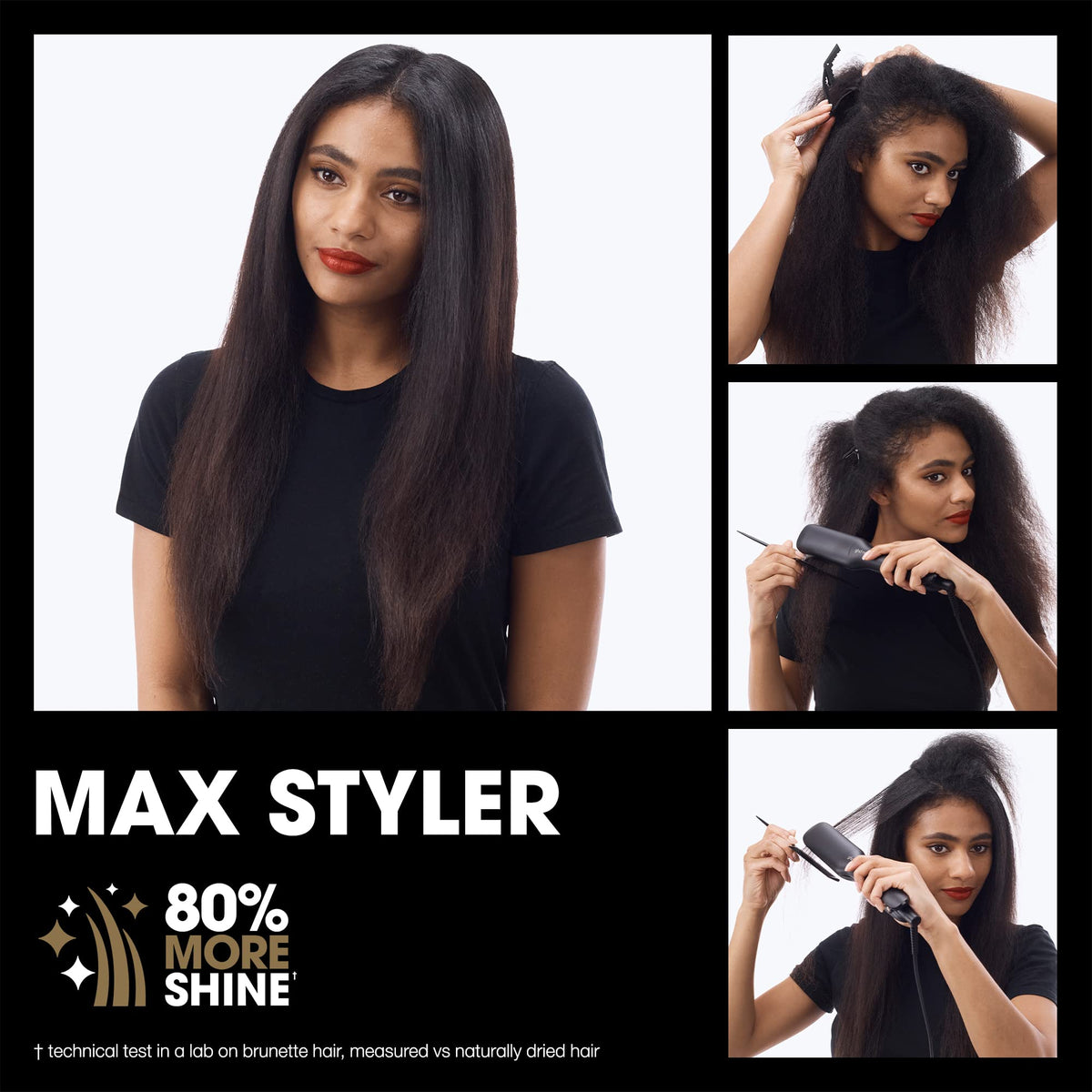 High-gloss ghd Max Styler plates help reduce frizz with a single pass