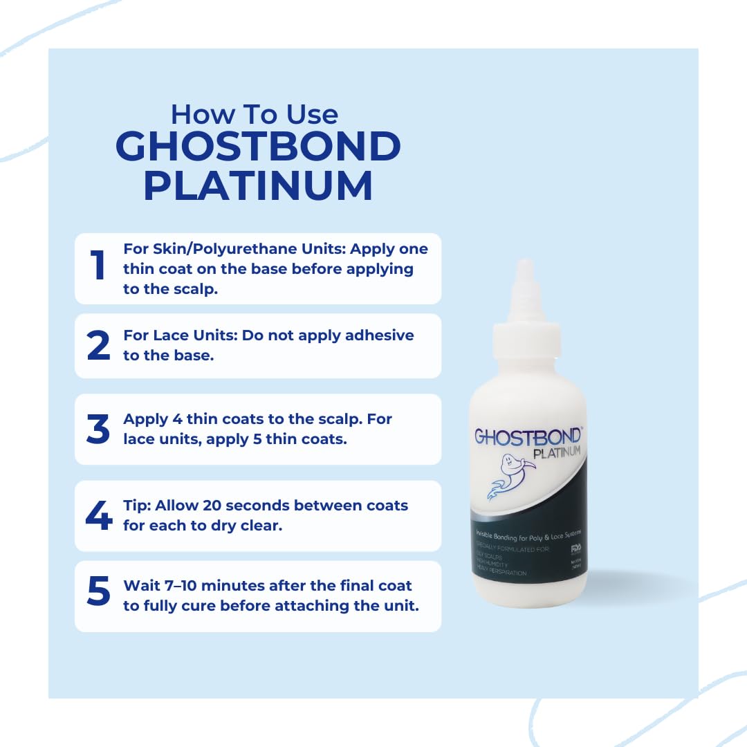 GhostBond Platinum drying clear shows an invisible bond for poly and lace wigs.