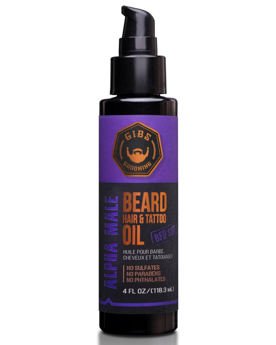 GIBS Alpha Male oil bottle top view for beard and skin nourishment