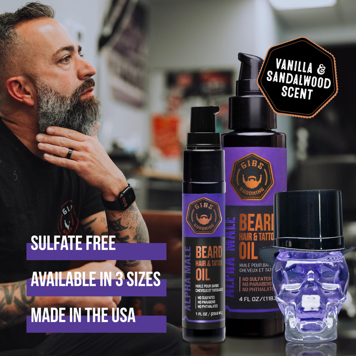 GIBS Alpha Male oil applied to tattoo areas for skin moisture