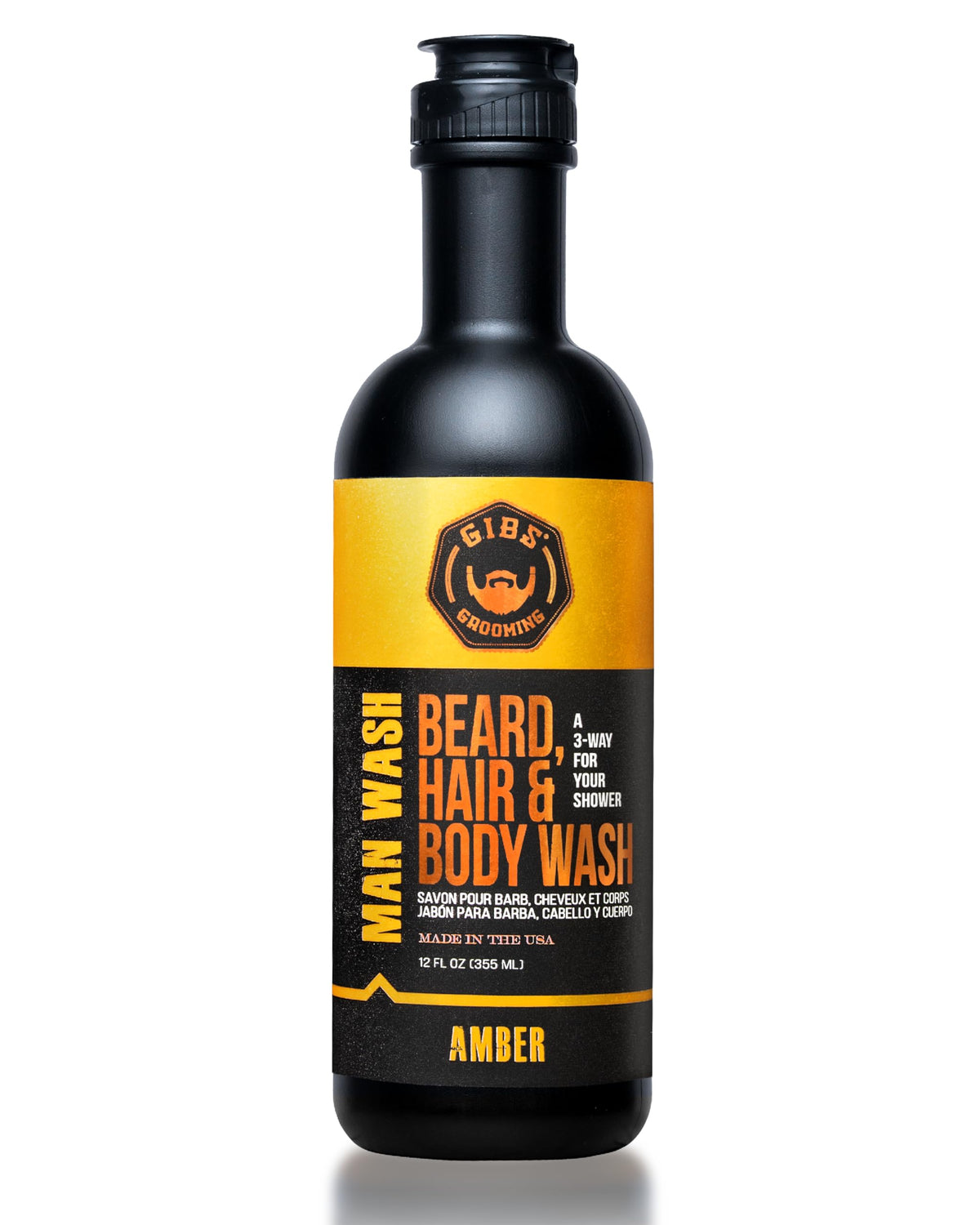 GIBS Amber Man Wash bottle pour showing all-in-one cleanse for hair, beard, and skin