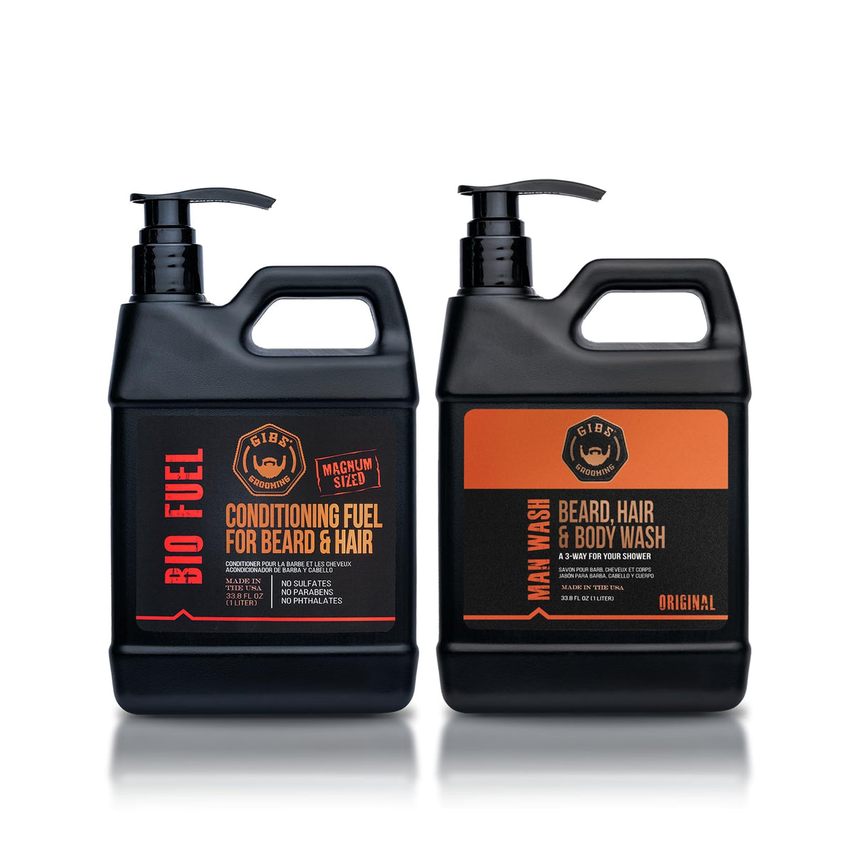 GIBS Grooming Man Wash and Biofuel Conditioner bottles show an all-in-one body, beard, and hair care solution.