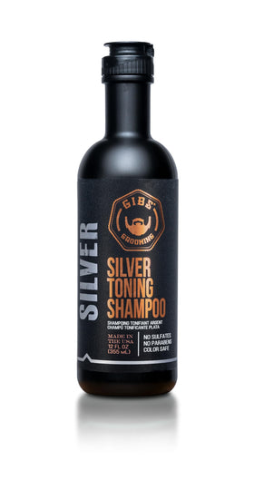 GIBS Silver Shampoo bottle front with purple formula to reduce brassiness.