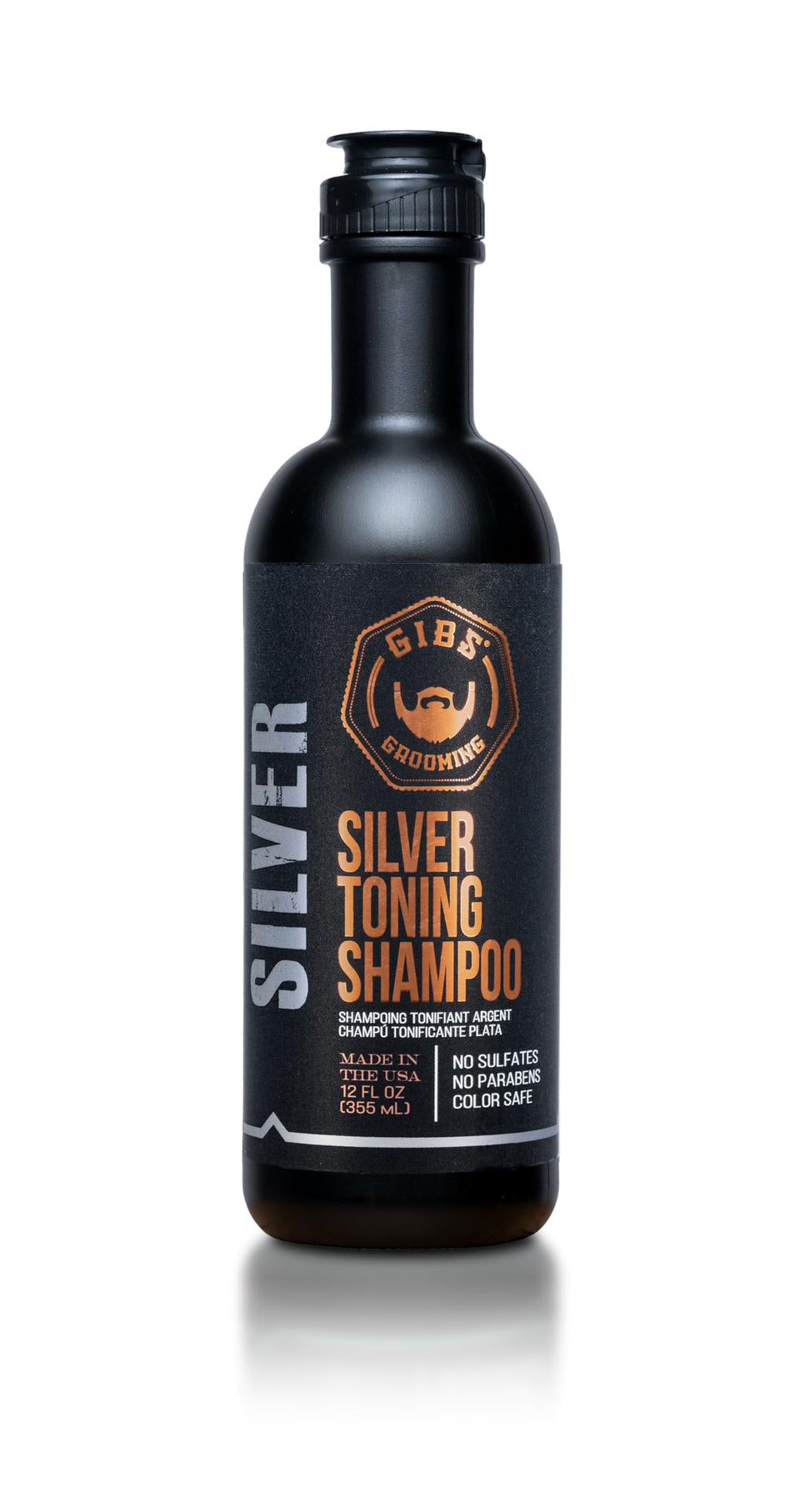 GIBS Silver Shampoo bottle front with purple formula to reduce brassiness.