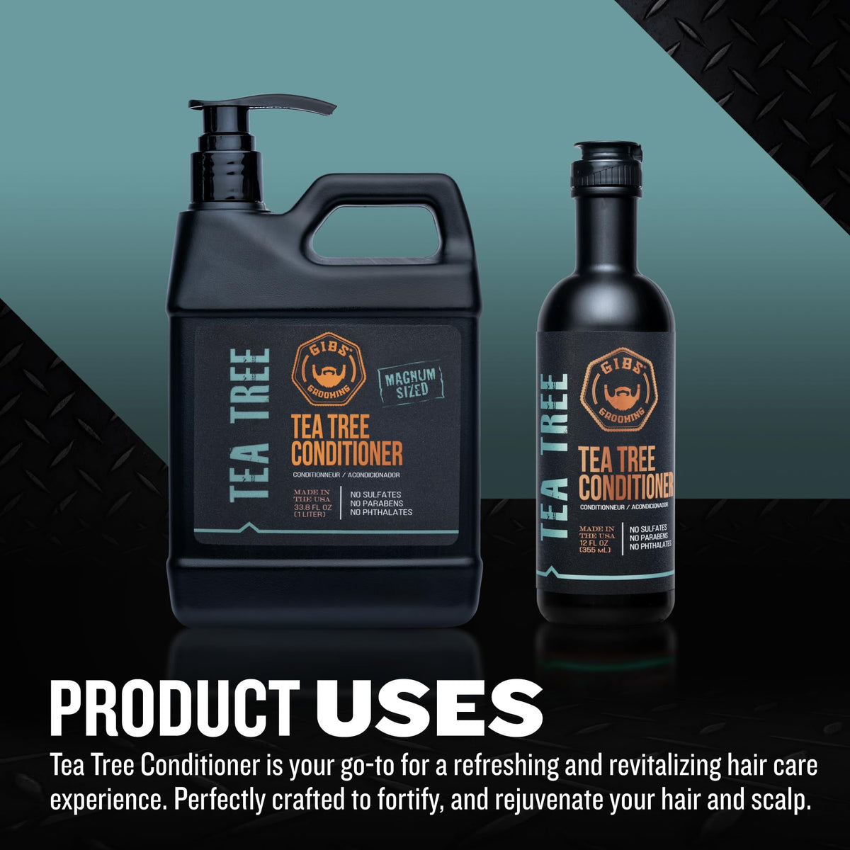 Close-up of GIBS Tea Tree Shampoo bottle for scalp refreshment and buildup removal.