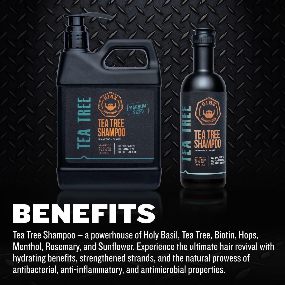 GIBS Tea Tree Shampoo label close-up highlighting sulfate-free cleansing.