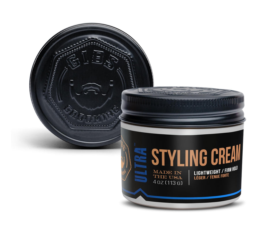 GIBS Ultra Styling Cream bottle close-up showing lightweight hold for natural style