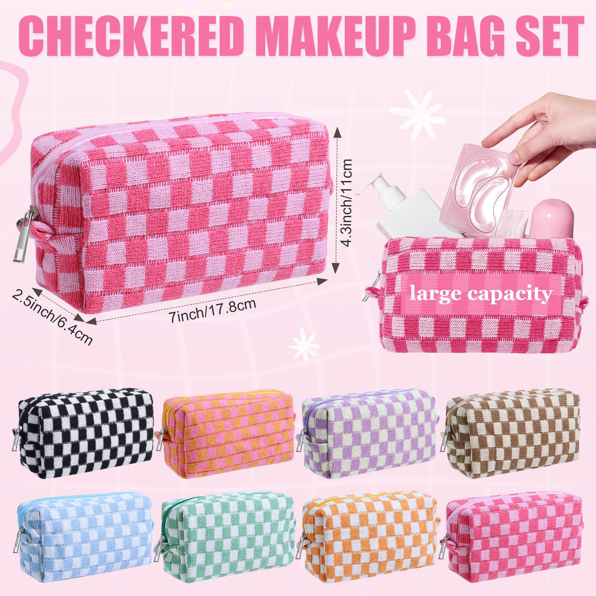 Giesiery checkered makeup bag interior compartments keep cosmetics separated.
