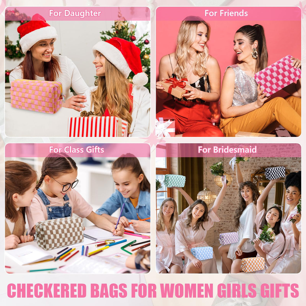 Giesiery checkered makeup bag knitted fabric shows premium feel and durability.