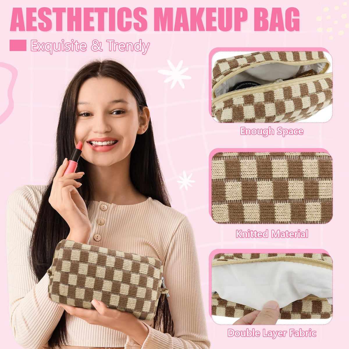 Giesiery checkered makeup bag zipper detail for secure access.