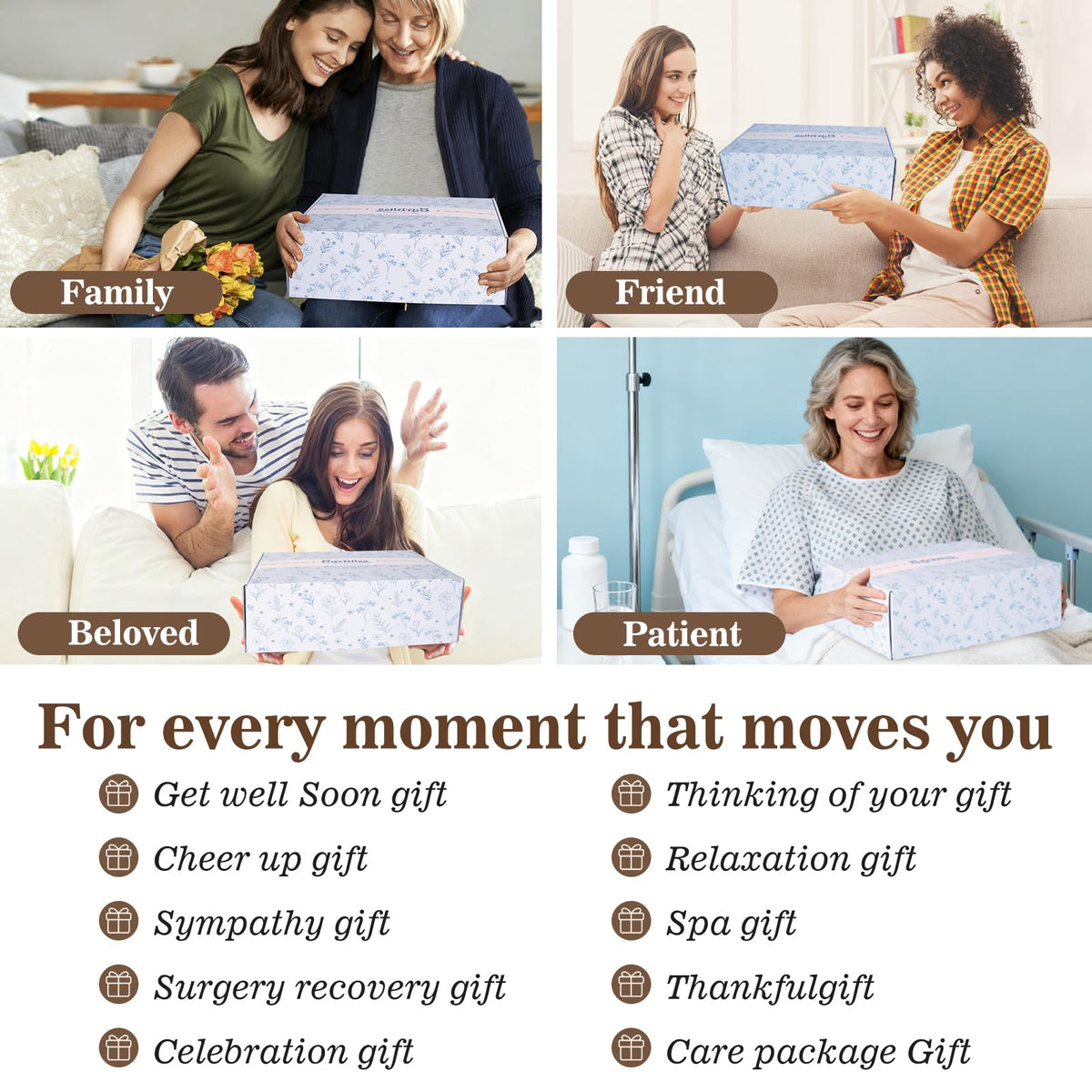 GiftBliss Chemo Care Package after surgery shows supportive items for comfort.