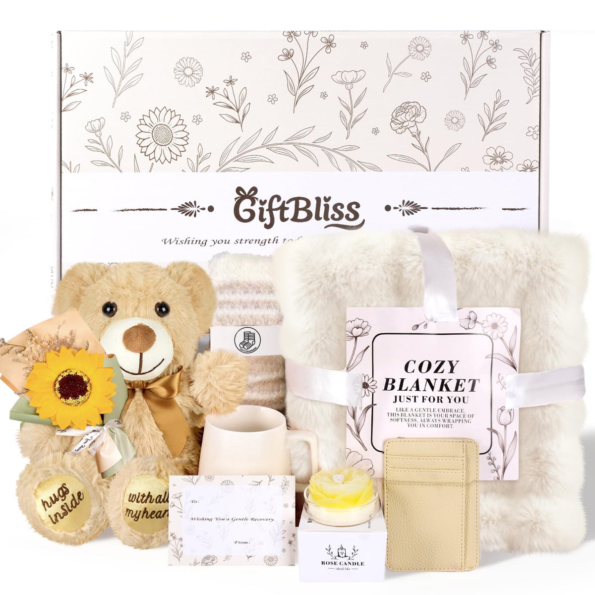 GiftBliss Get Well Soon Gift Basket for women provides comforting encouragement for recovery.