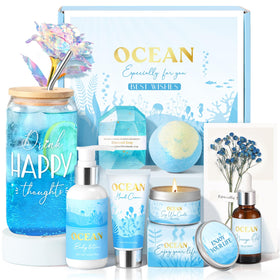 GiftPeak blue bath set box offering a complete at-home spa experience.