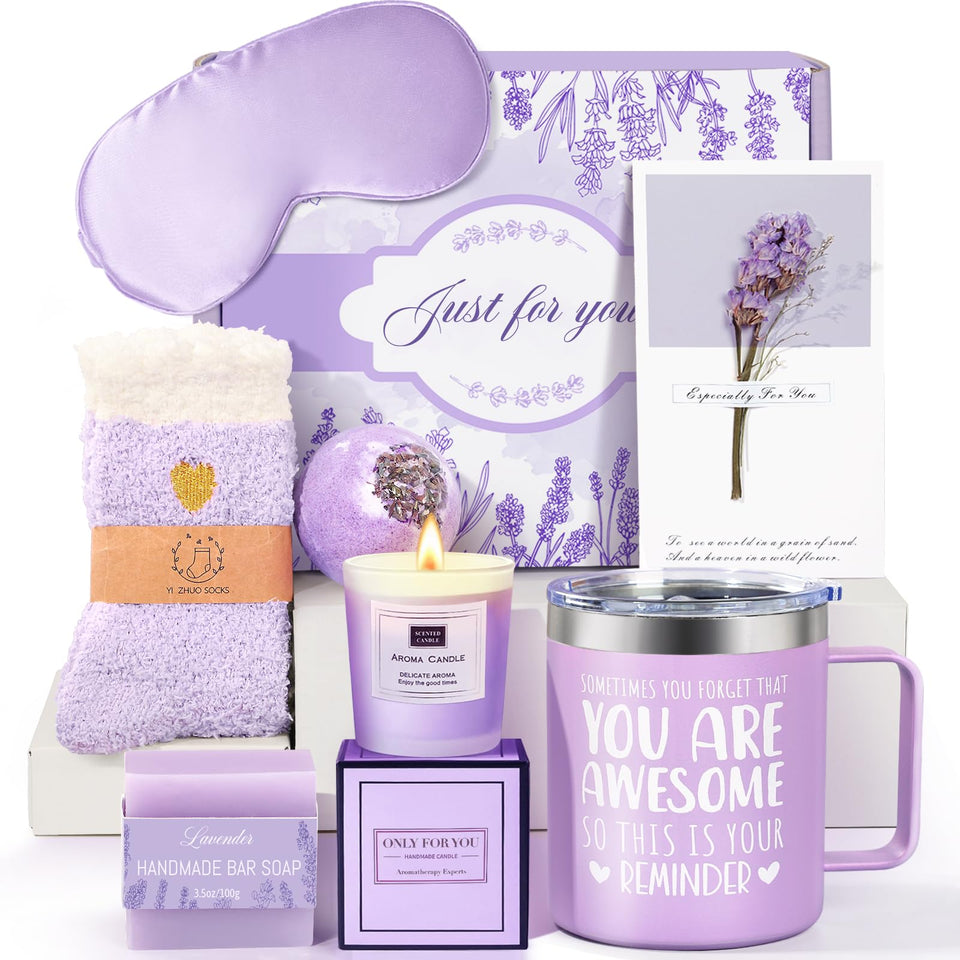 GiftPeak lavender spa gift basket with relaxing essentials for her self-care routine.