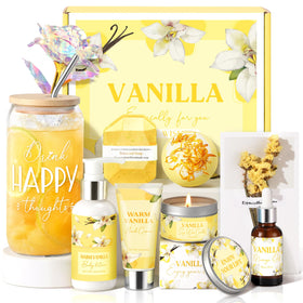 GiftPeak vanilla candle and spa gift basket create a relaxing ambiance.