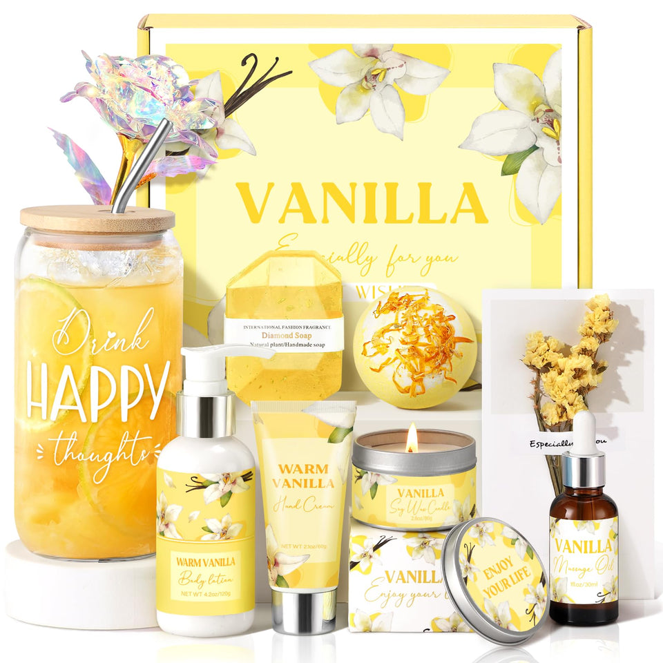 GiftPeak vanilla candle and spa gift basket create a relaxing ambiance.