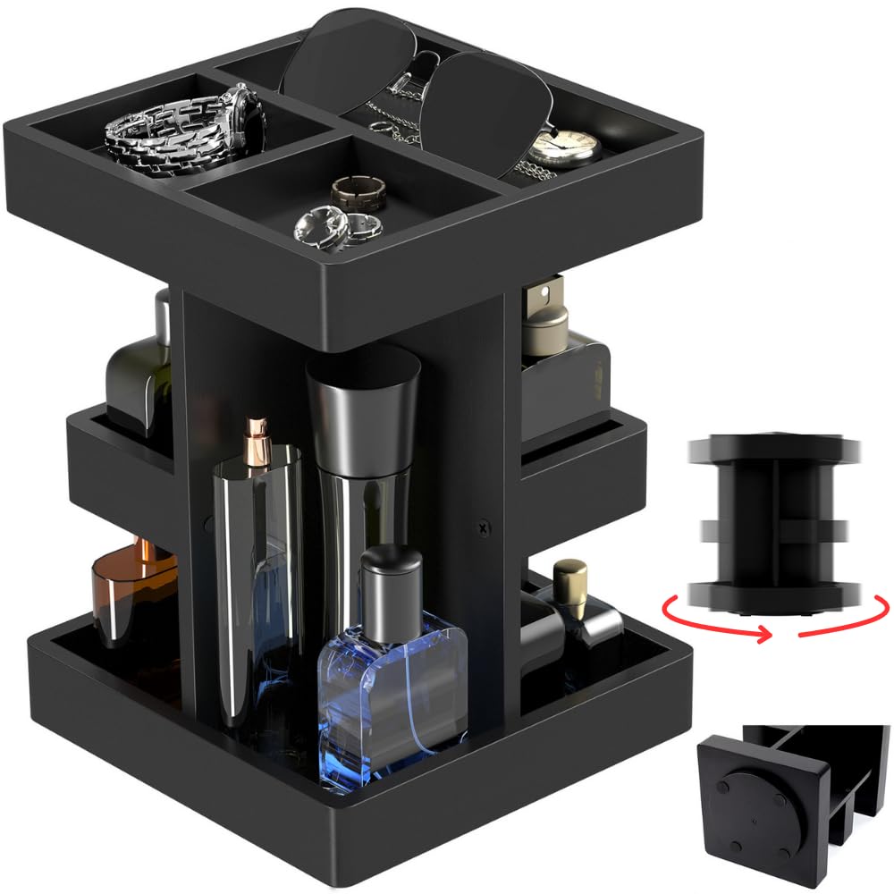 GIGASEO Cologne Organizer in black with 3-tier rotating display for easy bottle access