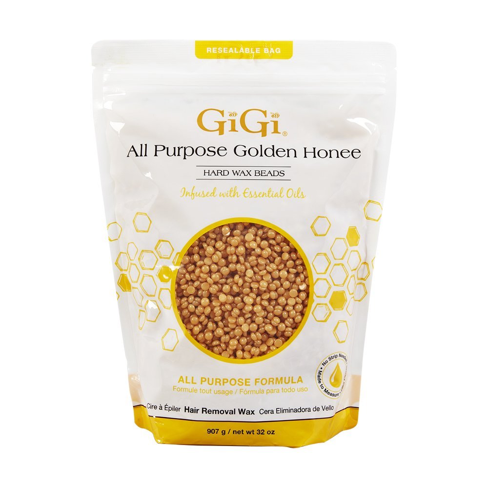 GIGI All Purpose Golden Honee wax beads in jar for precise, comfortable waxing.