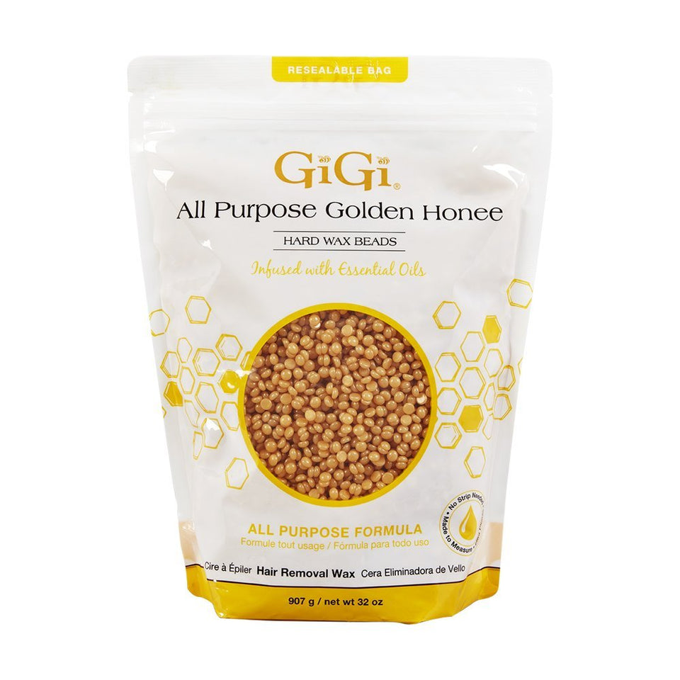 GIGI All Purpose Golden Honee wax beads in jar for precise, comfortable waxing.
