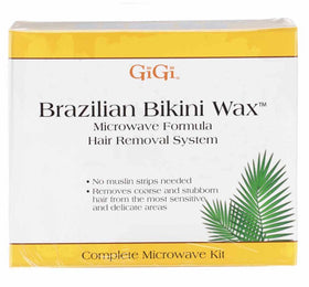 GiGi Brazilian Bikini Wax Microwave Kit setup for at-home waxing convenience.