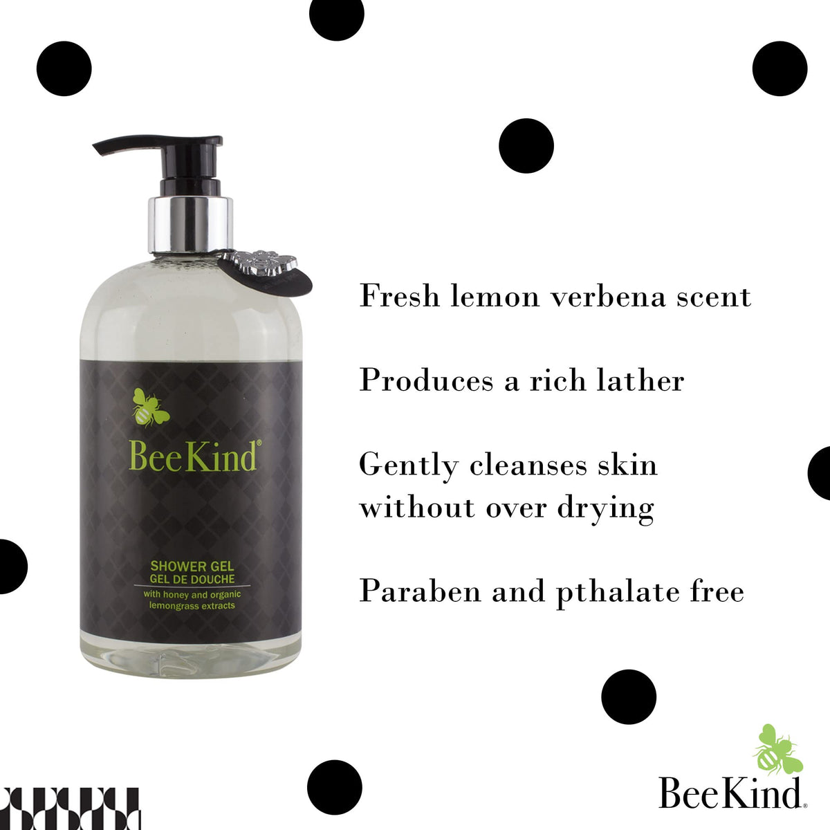 BeeKind close-up bottle shows honey enrichments for nourished skin.